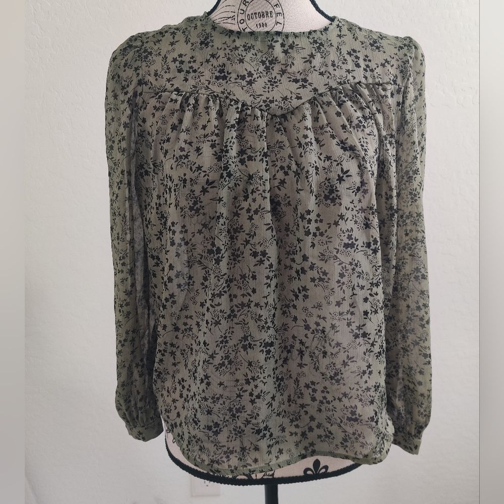 Primark Green & Black Puff Sleeves Whimsy Boho fairy grunge Floral Blouse_XS